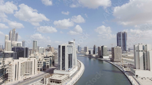 DUBAI, UAE - DECEMBER 2016: Aerial view of Downtown Dubai at sunset. The city attracts 20 million people annually