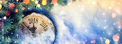 New Year 2018 - Celebration With Dial Clock On Snow And Vintage Light
