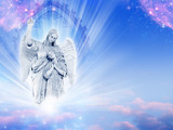 a guardian angel over a divine gate with mystical rays of light and pink stars
