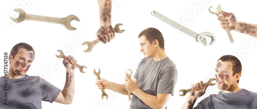 set of mechanic man and wrench tool for working