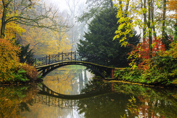 Scenic view of misty autumn landscape with beautiful old bridge in the garden with red maple foliage.