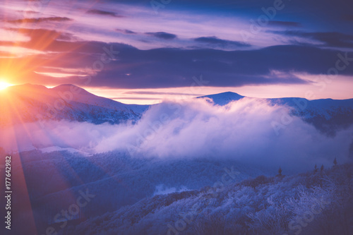 Beautiful sunrise in the winter mountains. Dramatic cloudy over sky. View of foggy hills  and trees covered with rime. Filtered image:cross processed retro effect.
