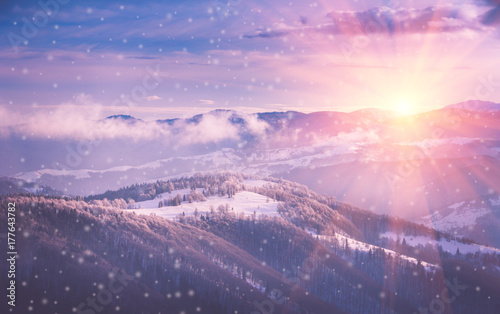 Panoramic view of winter mountains at sunrise. Landscape with foggy hills and trees covered with rime. Happy New Year! Filtered image:cross processed retro effect.