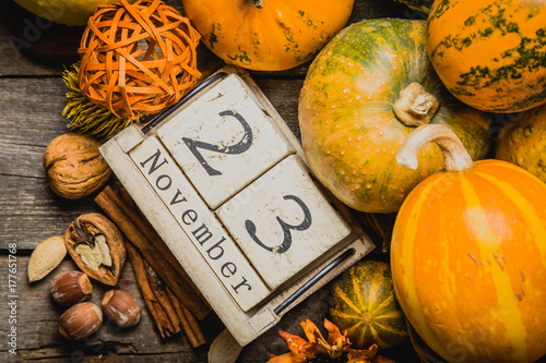 Thanksgiving concept - decorations with pumpkins