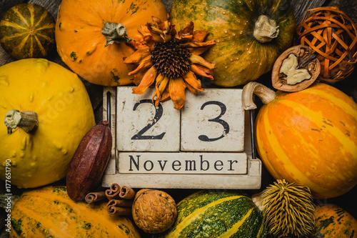 Thanksgiving concept - decorations with pumpkins