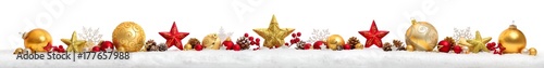 Christmas border or banner with stars and baubles, white background