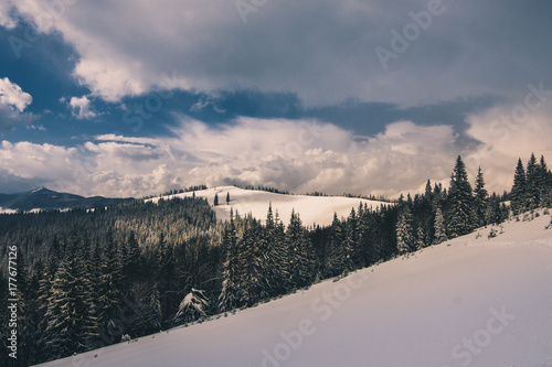 Landscape in winter mountains.View of  foresty hills covered by snow. Old photo style.