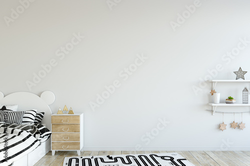 Fotoobraz na płótnie makieta do ściany w pokoju dziecięcym. Wnętrze w skandynawskim stylu. 3d rendering, 3d ilustracja