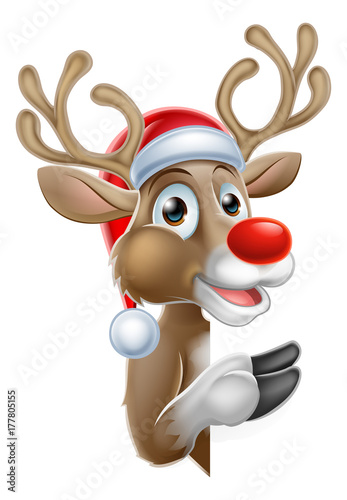Santa Hat Reindeer Pointing from Behind Sign