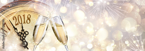 New Year 2018 - Toast With Champagne And Clock
