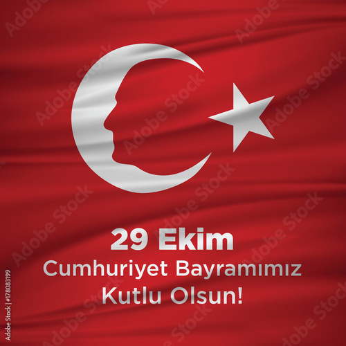 Plakat ilustracji wektorowych 29 ekim Cumhuriyet Bayrami kutlu olsun, Republic Day Turkey. Tłumaczenie: 29 października Dzień Republiki Turcji i święto narodowe w Turcji szczęśliwy urlop. grafika dla elementów projektu