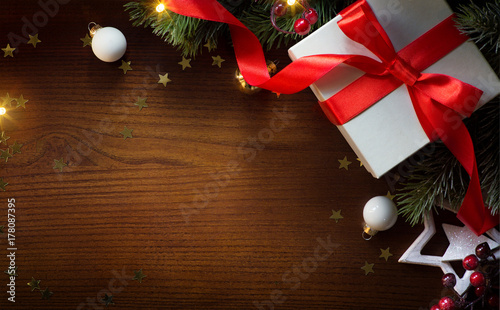 art merry Christmas and happy New year background; Christmas tree and holiday gift