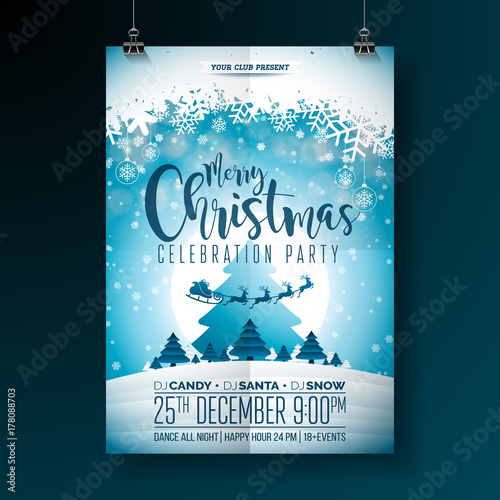 Vector Merry Christmas Party Design with Holiday Typography Elements and Multicolor Ornamental Balls on Shiny Background. Celebration Fliyer Illustration. EPS 10.