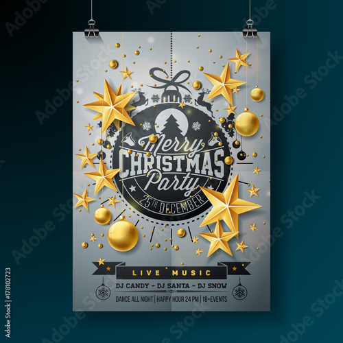 Vector Merry Christmas Party Design with Holiday Typography Elements and Ornamental Balls on Clean Background. Celebration Fliyer Illustration. EPS 10.