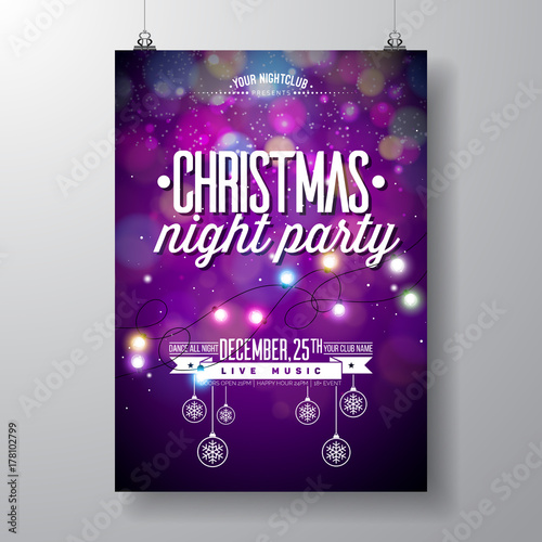 Vector Merry Christmas Party Design with Holiday Typography Elements and Light Garland on Shiny Background. Celebration Fliyer Illustration. EPS 10.