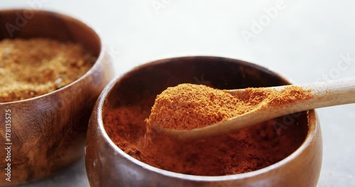 Cinnamon powder and red chili powder in bowl 