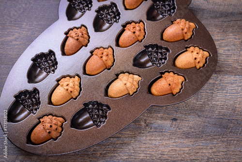 Plakat Kloniasty Acorn Cakelets, acorn kształtują ciastka w wypiekowej patelni, foremka. Zbliżenie.