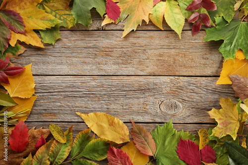 Autumn leafs on grey wooden table