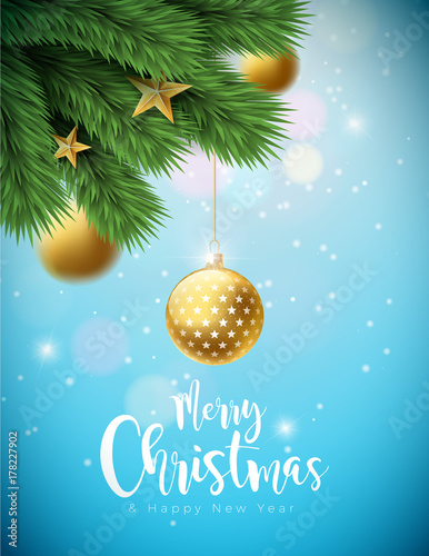 Vector Merry Christmas Illustration with Ornamental Balls and Pine Branch on Shiny Blue Background. Happy New Year Typography Design for Greeting Card, Poster, Banner.
