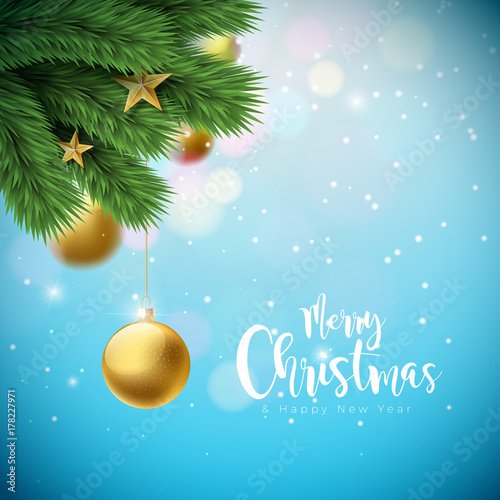 Vector Merry Christmas Illustration with Ornamental Balls and Pine Branch on Shiny Blue Background. Happy New Year Typography Design for Greeting Card, Poster, Banner.