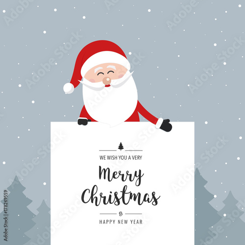 santa claus behind banner merry christmas greeting text winter landscape background