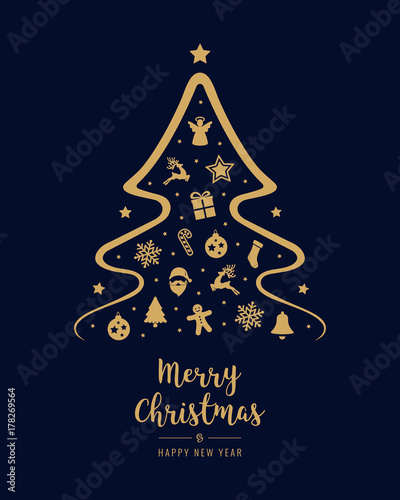 merry christmas tree icon elements greeting text card golden blue background