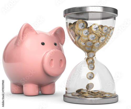 Sparschwein mit Sanduhr und Geldmünzen