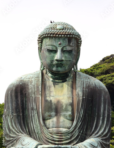 Plakat Główny widok Daibutsu, słynny wielki posąg Buddy brąz umieszczone w świątyni Kotokuin w Kamakura, Japonia.