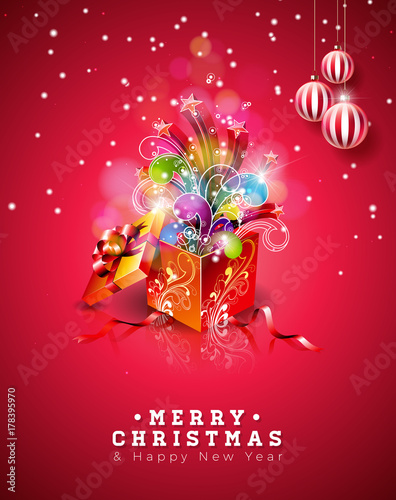 Vector Merry Christmas Illustration on Shiny Red Background with Typography and Holiday Gift Box and ornamental balls. Happy New Year Design.