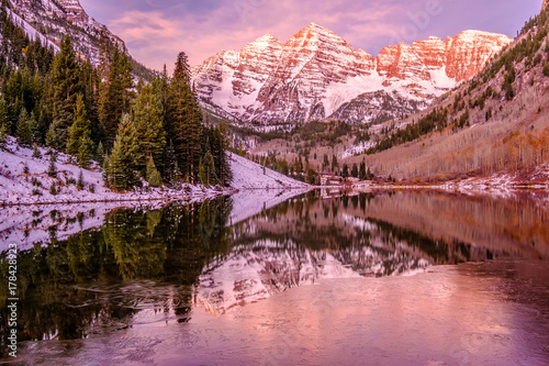 Maroon Bells and Maroon Lake at sunrise