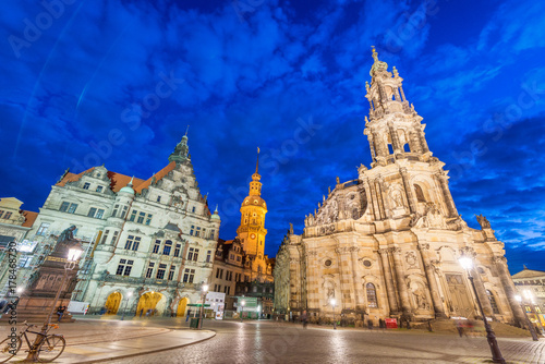 DRESDEN, GERMANY - JULY 15, 2016: Tourists along old city streets at night. Dresden attracts 5 million tourists annually