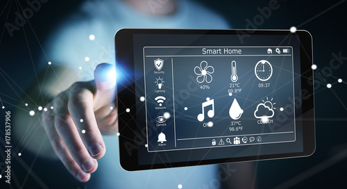 Businessman using smart home remote device 3D rendering