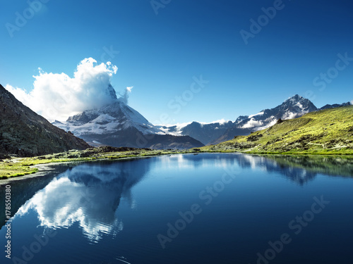 Reflection of Matterhorn in lake Riffelsee, Zermatt, Switzerland