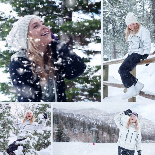 Portrait of young beautiful woman on winter outdoor background. Collage.
