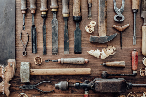 Vintage woodworking tools on the workbench