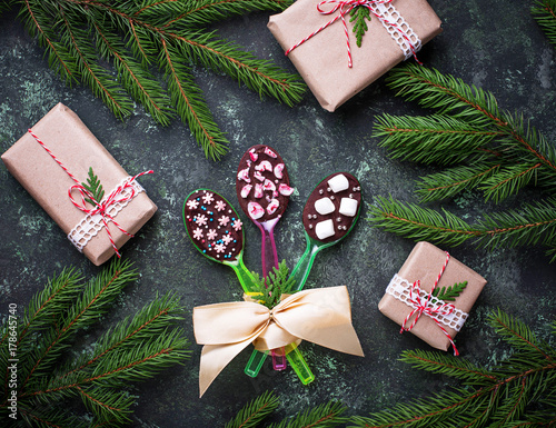 Spoons with chocolate. Christmas present