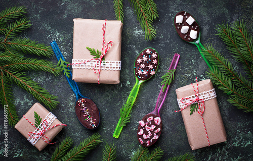 Spoons with chocolate. Christmas present