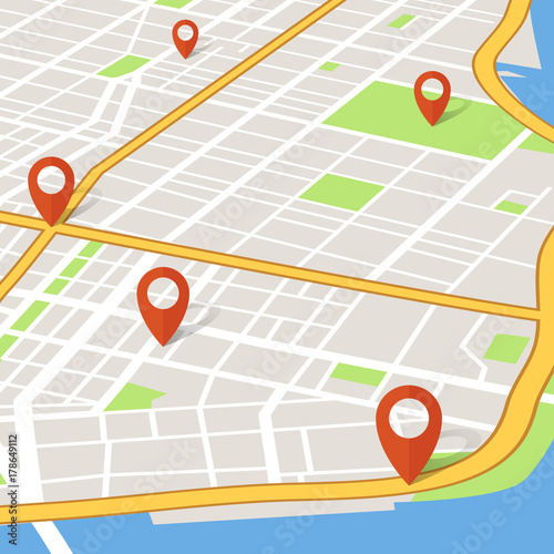 Plakat Perspektywa 3d mapa miasta ze wskaźnikami pin. Abstarct koncepcja nawigacji gps wektor
