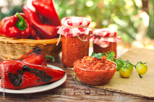 Homemade Ajvar served in jars and bowl