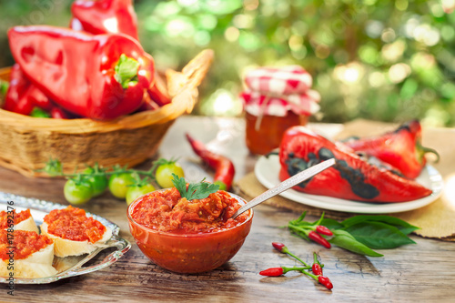 Freshly made Ajvar garnished in glass bowl