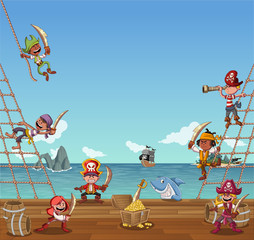 Group of cartoon pirates on a decks of a ship
