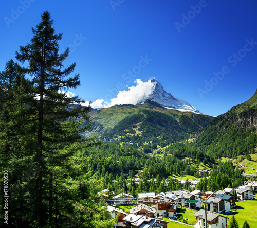 Zermatt village with peak of Matterhorn in Swiss Alps