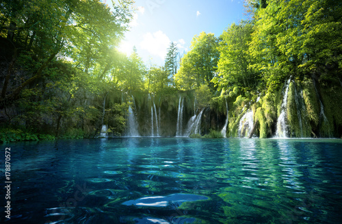 waterfall in forest, Plitvice Lakes, Croatia