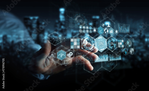 Businessman using holograms datas on digital screens 3D rendering