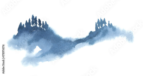 Watercolor illustration isolated on white background. Painting on wet. Blue forest in fog. © Kateryna