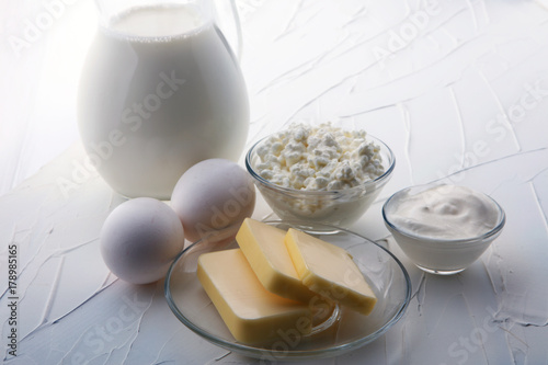 still life with dairy products, milk, eggs, butter with a lot of calcium.