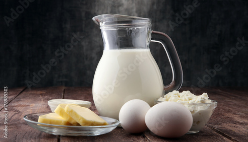 still life with dairy products, milk, eggs, butter with a lot of calcium.