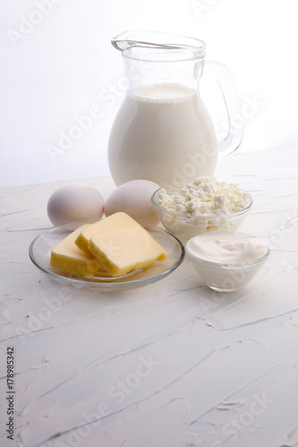 still life with dairy products, milk, eggs, butter with a lot of calcium.