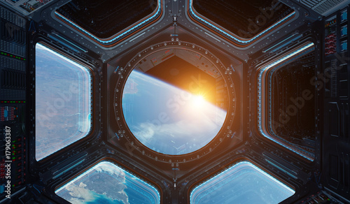 View of planet Earth from a space station window 3D rendering elements of this image furnished by NASA