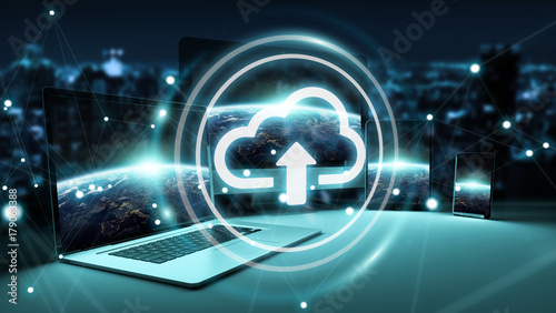 Cloud icon interface over modern tech devices 3D rendering